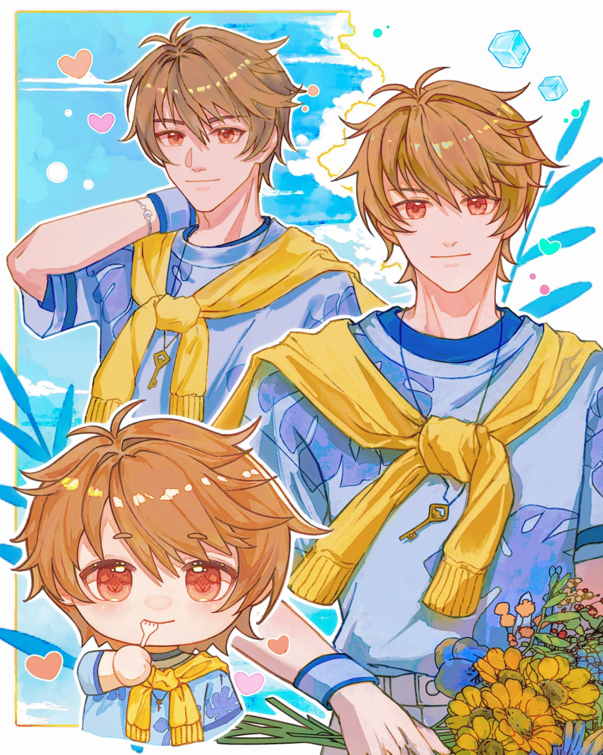 1boy blue_shirt brown_eyes brown_hair closed_mouth flower heart highres jewelry key looking_at_viewer luke_pearce_(tears_of_themis) male_focus multiple_views necklace shirt short_hair short_sleeves smile sunflower sweater tears_of_themis tubayran upper_body yellow_sweater