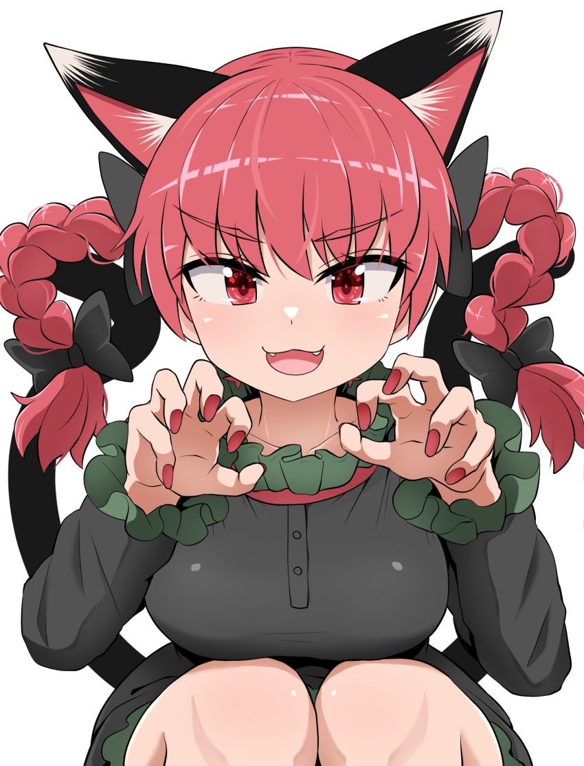 1girl :3 :d animal_ear_fluff animal_ears black_bow bow breasts cat_ears cat_tail chups claw_pose collarbone commentary extra_ears fangs floating_hair frills hair_bow hair_ribbon hands_up highres kaenbyou_rin knees large_breasts legs_together light_blush long_hair long_sleeves multiple_tails nail_polish nekomata open_mouth red_eyes red_nails redhead ribbon simple_background sitting smile solo straight-on tail touhou tress_ribbon tsurime twintails two_tails upper_body v-shaped_eyebrows white_background