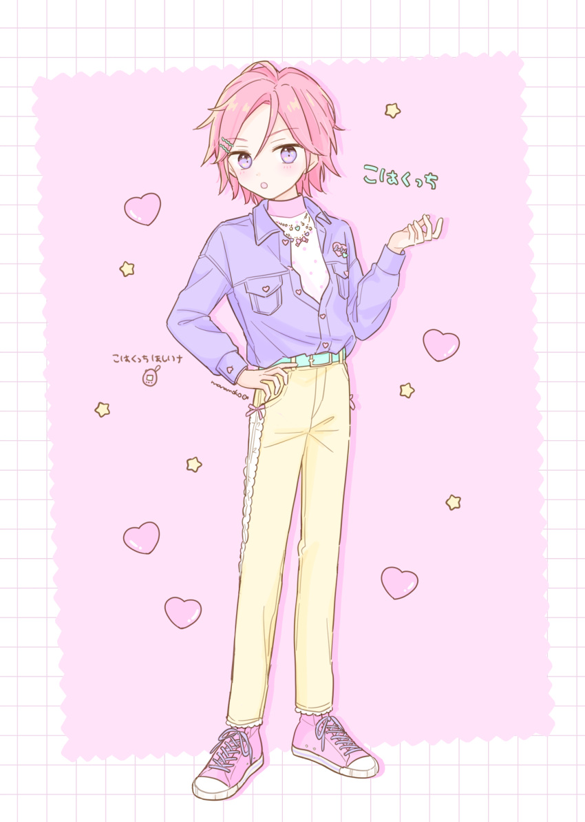 1boy belt border ensemble_stars! full_body green_belt happypuppy_guu heart highres jacket jewelry long_sleeves looking_at_viewer male_focus multicolored_background multicolored_shirt necklace oukawa_kohaku pants pink_background pink_footwear pink_hair pink_shirt purple_jacket shirt shoes short_hair solo star_(symbol) violet_eyes white_border white_shirt yellow_pants