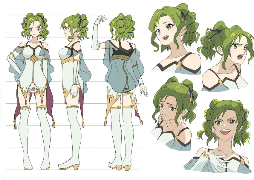 1girl bare_shoulders boots capelet collarbone dress elbow_gloves expressions fire_emblem fire_emblem:_the_sacred_stones full_body gloves green_eyes green_hair hand_on_own_hip highres hoshigaki_(hsa16g) l'arachel_(fire_emblem) multiple_views open_mouth reference_sheet teeth thigh_boots white_background white_dress white_gloves