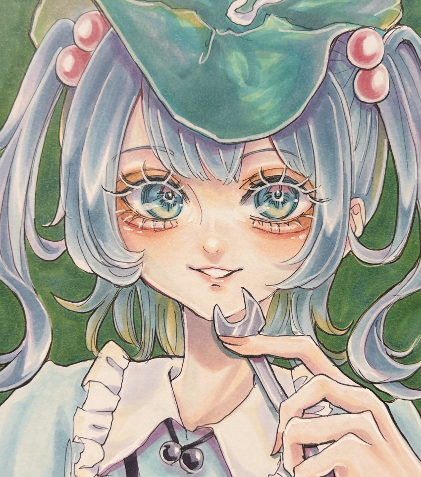 1girl blue_eyes blue_hair blunt_bangs chesscure commentary_request eyelashes frilled_shirt_collar frills green_background hair_between_eyes hair_bobbles hair_ornament hand_up hat highres holding holding_wrench kawashiro_nitori long_hair looking_at_viewer medium_hair parted_lips portrait simple_background smile solo teeth touhou traditional_media twintails wrench