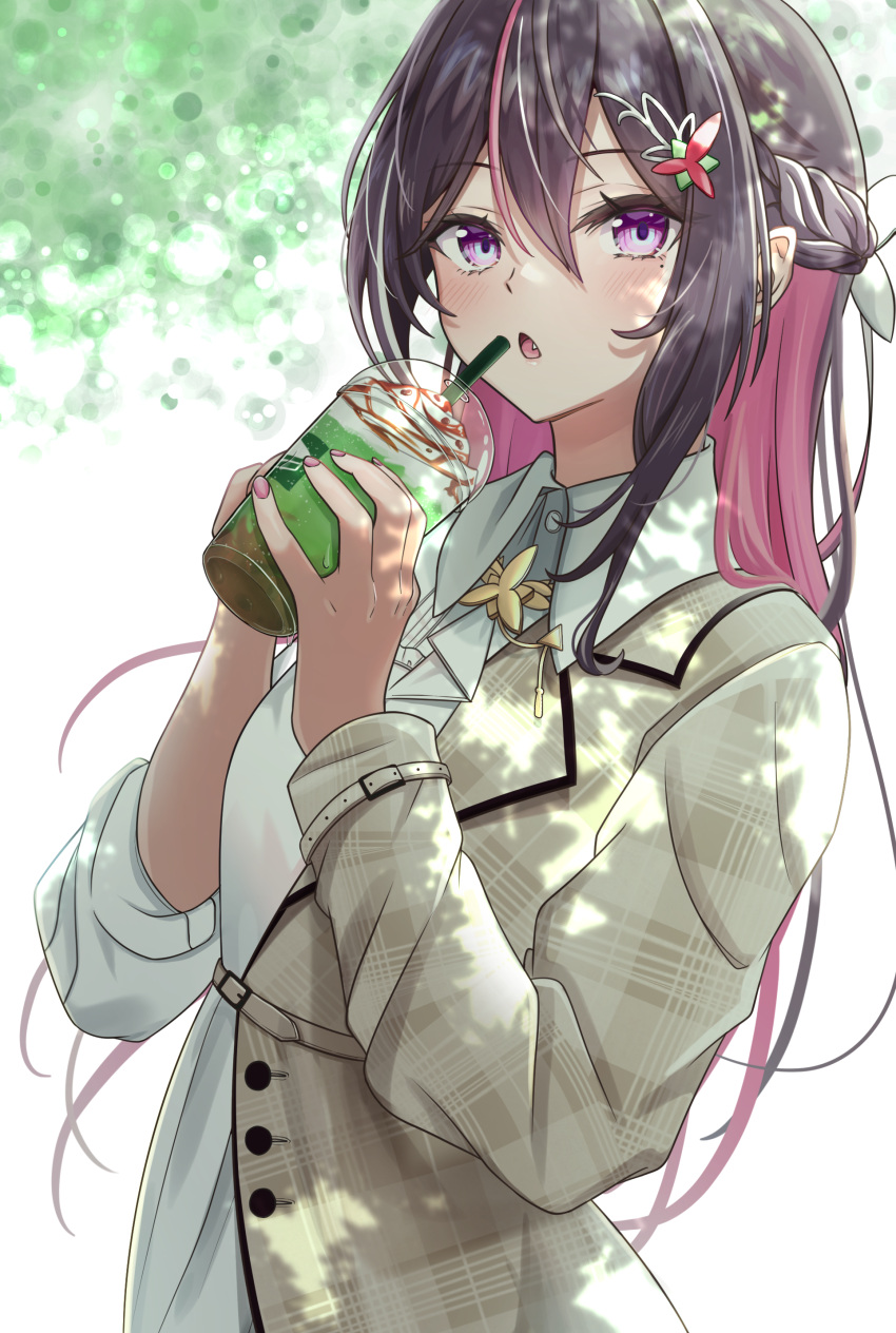 1girl absurdres asymmetrical_sleeves azki_(4th_costume)_(hololive) azki_(hololive) black_hair blush braid breasts brown_coat c1p122 coat colored_inner_hair commentary commission cup dappled_sunlight drink drinking_straw fang french_braid hair_between_eyes hair_ornament hairclip highres holding holding_cup hololive long_hair long_sleeves looking_at_viewer medium_breasts mole mole_under_eye multicolored_hair nail_polish official_alternate_costume open_mouth pink_hair pink_nails pixiv_commission simple_background solo standing streaked_hair sunlight two-tone_coat violet_eyes virtual_youtuber white_background white_coat white_hair wing_collar