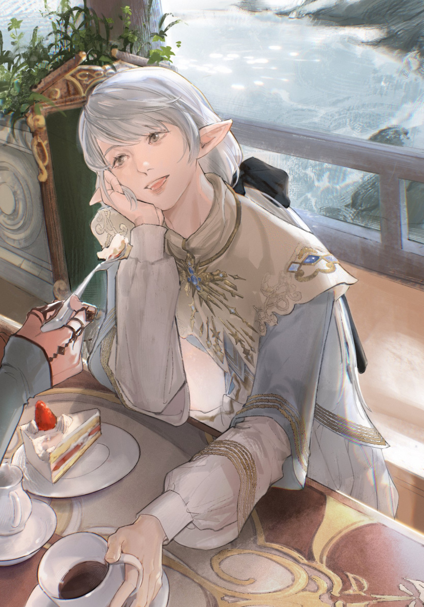 1girl ameliance_leveilleur blue_dress bow brown_capelet cake cake_slice capelet commentary cup day dress elbow_on_table elbow_rest elezen elf feeding final_fantasy final_fantasy_xiv food fork from_above grey_eyes grey_hair hair_bow head_on_hand head_rest highres holding holding_fork long_hair long_sleeves looking_ahead low_ponytail on_chair open_mouth out_of_frame painfulred pointy_ears puffy_long_sleeves puffy_sleeves saucer sitting smile solo_focus strawberry_shortcake swept_bangs symbol-only_commentary table teacup upper_body water