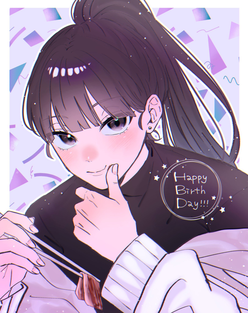 1girl black_eyes black_shirt blunt_bangs blush border chopsticks cloud_nine_inc commentary_request finger_to_cheek floating_hair food happy_birthday highres holding holding_chopsticks jacket long_hair long_sleeves looking_at_viewer meat off_shoulder outline ponytail puffy_sleeves shirt solo tknm_ato upper_body white_border white_jacket white_outline yoshino_(utaite)