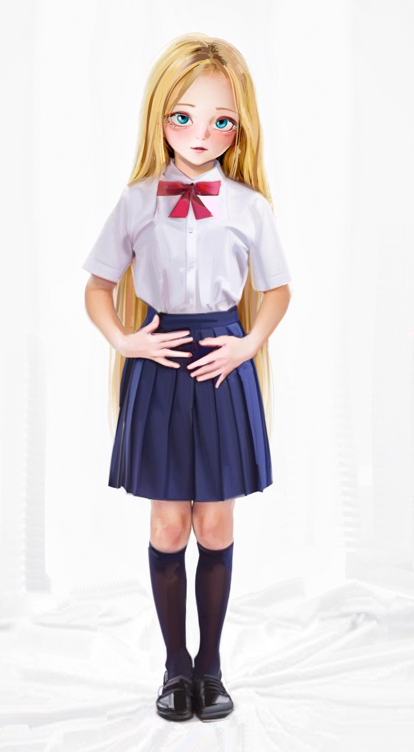 1girl absurdres black_footwear black_socks blonde_hair blue_eyes blue_skirt blush borrowed_character collared_shirt commentary full_body hands_on_own_stomach highres kneehighs legs_together long_hair neck_ribbon original parted_hair parted_lips pleated_skirt red_ribbon ribbon russian_commentary sasha_(haguhagu) school_uniform shirt shoes short_sleeves simple_background skirt socks solo straight_hair sweetonedollar variant_set very_long_hair white_background white_shirt