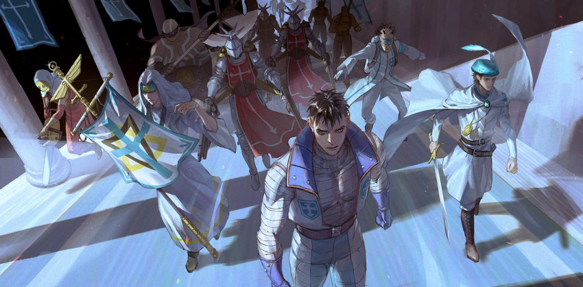 6+boys adept_(shin_megami_tensei) amulet ar-18 armor army axe backpack bag bandages banner belt beret black_blindfold blindfold blue_blindfold blue_gloves blue_headwear bodysuit boots brown_footwear brown_hair butcher_(shin_megami_tensei) buttons cape chainsaw coat cross dual_wielding electrodes executioner_(shin_megami_tensei) full-body_tattoo full_armor gauntlets gloves greaves green_eyes gun gyrator_(shin_megami_tensei) hallway hat hat_feather helmet hexagram highres holding holding_axe holding_chainsaw holding_gun holding_sword holding_weapon hooded_robe jacket knight male_focus marching mask multiple_boys muscular muscular_male o_c_x order_of_messiah pants pauldrons pillar pump_action red_bodysuit red_tabard robe shin_megami_tensei shin_megami_tensei_ii short_hair shotgun shoulder_armor spas-12 spiked_helmet star_of_david sword tabard tattoo temple_knight_(shin_megami_tensei) terminator_(shin_megami_tensei) two-sided_fabric two-sided_jacket weapon white_cape white_coat white_pants white_robe zayin_(megami_tensei)