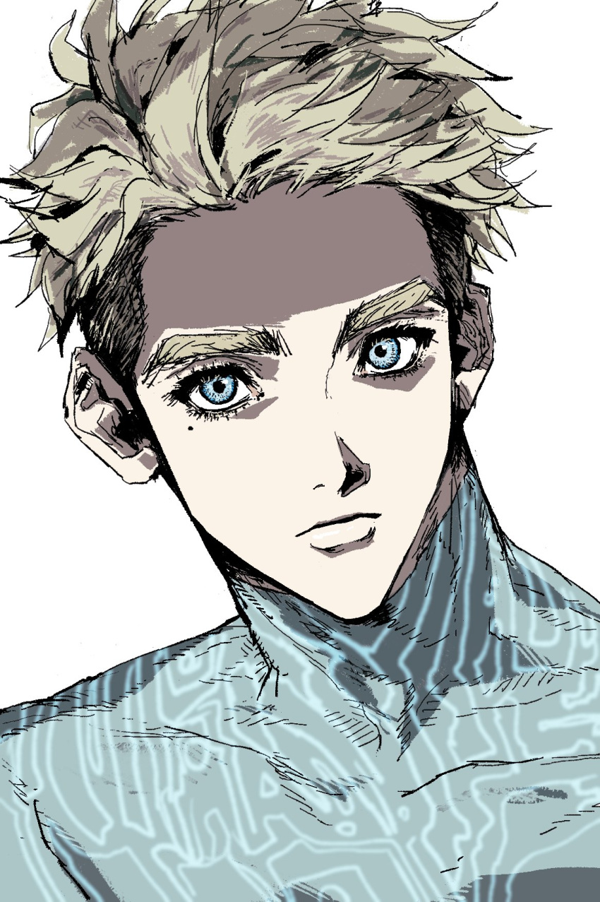 1boy blonde_hair blue_bodysuit blue_eyes bodysuit closed_mouth highres looking_at_viewer male_focus millions_knives mole mole_under_eye my_nameisyoon short_hair simple_background solo trigun trigun_stampede white_background