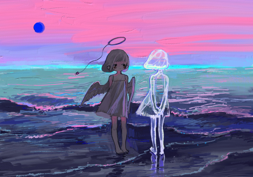 2girls absurdres angel_wings arms_behind_back bare_shoulders barefoot blank_eyes blush_stickers cable closed_mouth commentary_request dress facing_away facing_viewer grey_dress grey_hair halo hidari_(nanmu-left) highres liquid_clothes liquid_hair looking_at_another mechanical_halo multiple_girls ocean original outdoors own_hands_together painting_(medium) pink_sky short_hair sideways_glance sky spaghetti_strap traditional_media water watercolor_(medium) wings