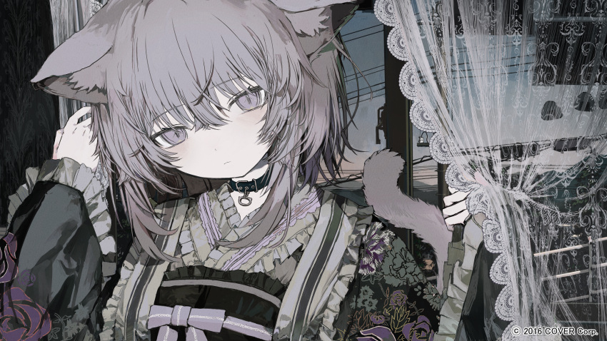 1girl animal_ears black_collar black_kimono blush cat_ears cat_girl cat_tail closed_mouth collar curtains dot_nose evening expressionless floral_print hair_between_eyes head_tilt highres hololive indoors japanese_clothes kimono lace_curtains limited_palette long_sleeves looking_at_viewer medium_hair nekomata_okayu power_lines print_kimono purple_hair sidelocks solo straight-on tail tekito_midori upper_body violet_eyes watermark window