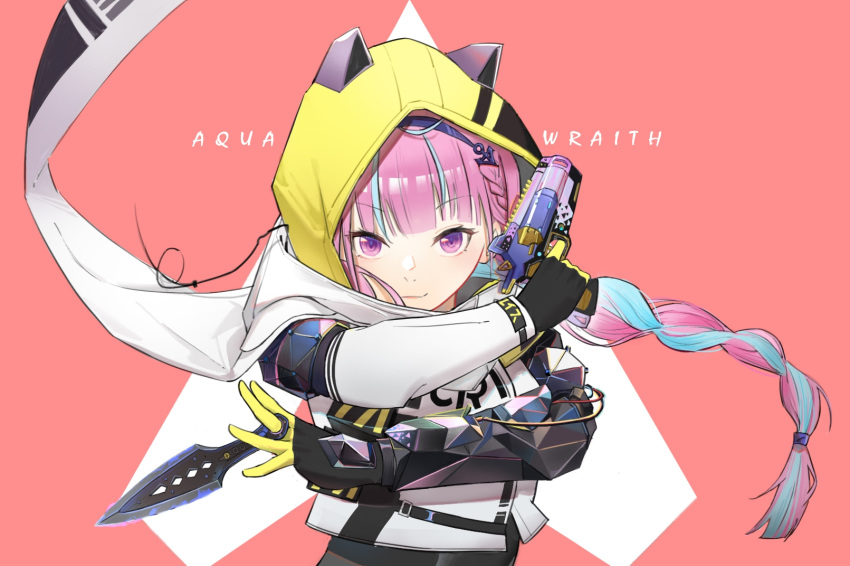 1girl animal_hood apex_legends b3_wingman black_bodysuit black_gloves blue_hair bodysuit cat_hood character_name cosplay floating_hair gloves gun hairband handgun highres holding holding_gun holding_weapon hood hood_up hooded_jacket jacket knife kunai long_hair minato_aqua multicolored_hair purple_hair purple_hairband red_background revolver scarf sleeveless sleeveless_jacket smile solo streaked_hair upper_body v-shaped_eyebrows very_long_hair violet_eyes virtual_youtuber void_prowler_wraith weapon white_jacket white_scarf wraith's_kunai wraith_(apex_legends) wraith_(apex_legends)_(cosplay) xi_zhi_jun