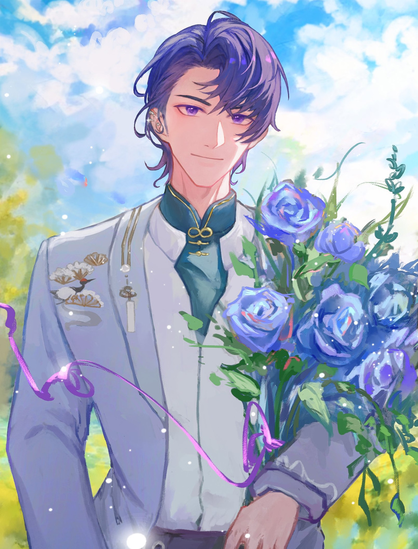 1boy blue_flower blue_jacket blue_rose blue_sky bouquet closed_mouth clouds cloudy_sky collared_shirt earrings flower formal highres holding holding_bouquet jacket jewelry male_focus marius_von_hagen_(tears_of_themis) outdoors purple_hair rose shirt short_hair single_earring sky solo tears_of_themis tubayran upper_body violet_eyes white_shirt