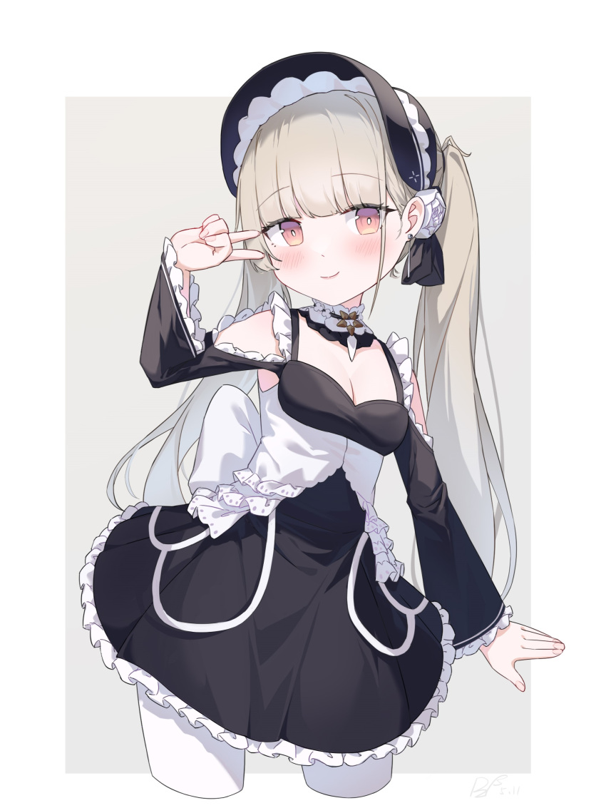 1girl absurdres azur_lane bare_shoulders black_dress black_headwear blunt_bangs blush bonnet cropped_legs dress female_child fingernails flower frilled_dress frilled_sleeves frills hand_up hat hat_flower highres layered_dress light_brown_hair little_formidable_(azur_lane) long_hair looking_at_viewer pantyhose ping_zhong_yu red_eyes simple_background smile solo twintails two-tone_dress v white_dress white_pantyhose