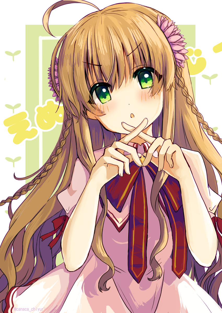 1girl absurdres ahoge blush bow braid brown_hair canaca_chiyuri commentary_request crossed_fingers dress eyelashes eyes_visible_through_hair flower green_background hair_between_eyes hair_flower hair_ornament hands_up head_tilt highres kanbe_kotori kazamatsuri_institute_high_school_uniform long_hair looking_at_viewer open_mouth own_hands_together pink_dress puffy_short_sleeves puffy_sleeves red_bow red_ribbon rewrite ribbon school_uniform short_sleeves sidelocks simple_background solo sprout standing straight-on sunflower_hair_ornament twin_braids upper_body v-shaped_eyebrows very_long_hair wavy_hair
