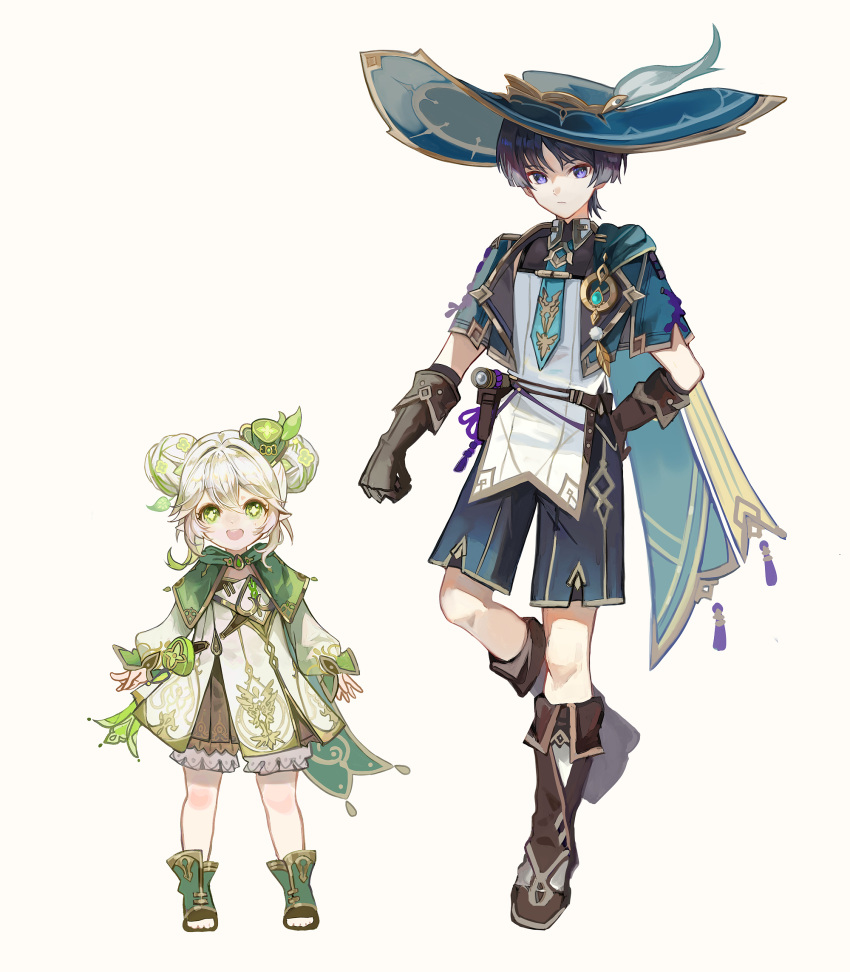 1boy 1girl :d abc_(user_wvss2873) alternate_costume alternate_hairstyle blue_capelet blue_headwear blue_necktie blue_pants boots brown_gloves cape capelet closed_mouth commentary_request cross-shaped_pupils dress full_body genshin_impact gloves green_cape green_eyes green_footwear hair_ornament hat highres leaf_hair_ornament long_sleeves looking_at_viewer medium_hair nahida_(genshin_impact) necktie open_mouth pants pointy_ears purple_hair scaramouche_(genshin_impact) shirt short_hair short_sleeves simple_background smile stirrup_footwear symbol-shaped_pupils violet_eyes wanderer_(genshin_impact) white_background white_dress white_hair white_shirt