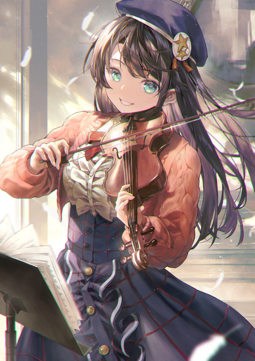 1girl absurdres aran_sweater beret blue_eyes blue_headwear blue_skirt bow bow_(music) bowtie brown_hair cable_knit center_frills frilled_shirt frilled_skirt frills hat high-waist_skirt highres holding holding_instrument hololive instrument kyou-chan long_hair long_skirt meme_attire music official_alternate_costume official_alternate_hair_length official_alternate_hairstyle oozora_subaru oozora_subaru_(5th_costume) parted_lips pink_sweater plaid plaid_skirt playing_instrument red_bow red_bowtie shirakami_fubuki_(1st_costume) shirt skirt smile solo straight_hair sweater swept_bangs underbust violin virgin_killer_outfit virtual_youtuber white_shirt