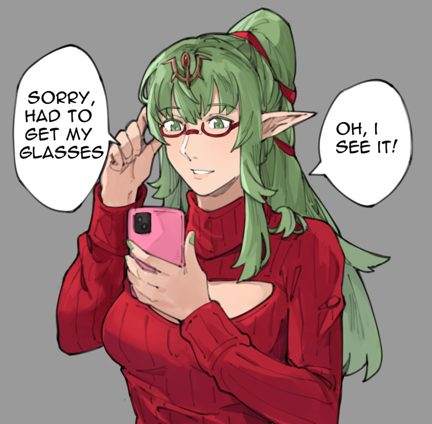 1girl alternate_costume casual cellphone clothing_cutout commentary contemporary english_commentary english_text fingernails fire_emblem fire_emblem_awakening glasses green_eyes green_hair green_nails grey_background grin hair_ornament highres holding holding_phone long_hair long_sleeves phone pointy_ears ponytail red-framed_eyewear red_sweater ribbed_sweater sakuremi sidelocks signature simple_background smile solo speech_bubble sweater tiki_(adult)_(fire_emblem) tiki_(fire_emblem) turtleneck turtleneck_sweater