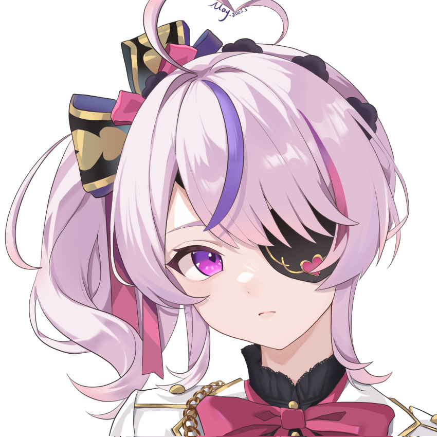 1girl ahoge black_bow bow bowtie eyepatch hair_bow heart heart_ahoge highres maria_marionette may_(yumimay) medium_hair multicolored_bow multicolored_hair nijisanji nijisanji_en one_eye_covered pink_bow pink_bowtie pink_hair purple_hair side_ponytail simple_background solo streaked_hair violet_eyes virtual_youtuber white_background