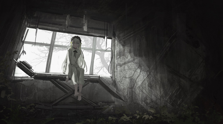 1girl barefoot commentary dress frilled_dress frills hair_between_eyes hairband highres indoors lolita_hairband long_hair long_sleeves looking_at_viewer muted_color nekoreito original plant ruins solo symbol-only_commentary white_dress white_eyes white_hair window