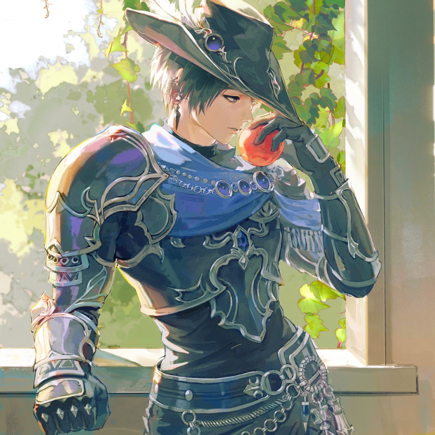 1girl absurdres androgynous apple armor black_gloves black_hair black_headwear blue_eyes blue_sash breastplate cowboy_shot day ear_piercing earrings elbow_gloves elbow_rest final_fantasy final_fantasy_xiv food fruit gloves hand_up hat hat_feather highres holding holding_food holding_fruit jewelry leaf leaning_back looking_to_the_side painfulred parted_lips pauldrons piercing reaper_(final_fantasy) reverse_trap sash short_hair shoulder_armor solo sunlight tree tricorne turtleneck window zero_(ff14)