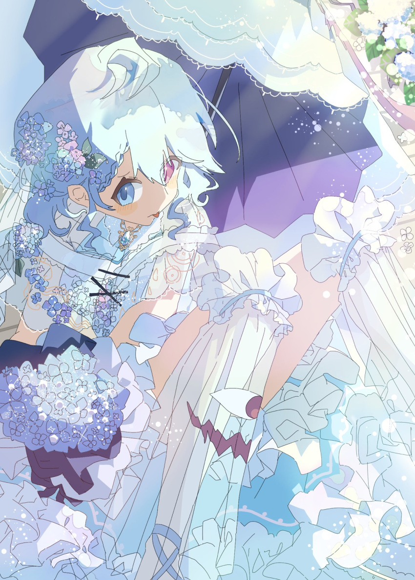 1girl adapted_costume blue_eyes blue_hair bouquet commentary cross-laced_clothes dress flower hair_flower hair_ornament heterochromia highres holding holding_bouquet holding_umbrella kusyamisital125 looking_at_viewer red_eyes short_hair solo tatara_kogasa touhou umbrella wedding_dress white_dress