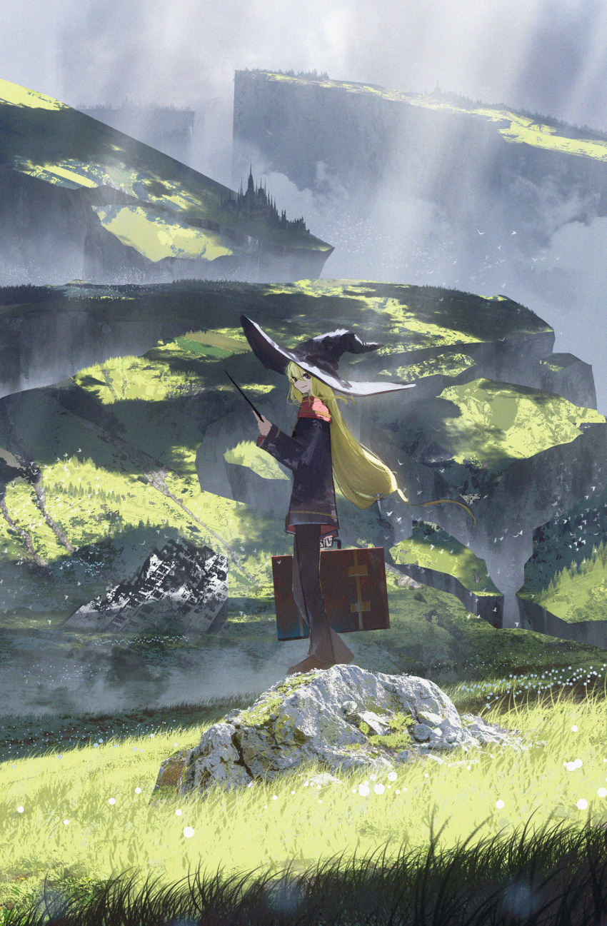 1girl absurdres asteroid_ill black_headwear black_pants blonde_hair blue_jacket cliff clouds cloudy_sky floating_hair flower fog from_side grass hair_between_eyes hat highres holding holding_suitcase holding_wand iris_(asteroid_ill) jacket light_rays long_hair long_sleeves looking_at_viewer mountain original outdoors pants red_eyes red_scarf scarf scenery shadow sidelocks simple_bird sky solo suitcase very_long_hair wand white_flower wind witch_hat