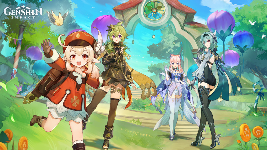 4girls :d absurdres ahoge ass backpack bag black_hairband blonde_hair blue_eyes blue_hair bow bow-shaped_hair breasts brown_gloves cabbie_hat capelet closed_mouth collei_(genshin_impact) eula_(genshin_impact) genshin_impact gloves gradient_hair green_capelet green_hair hair_between_eyes hair_ornament hairband hat hat_feather highres jewelry klee_(genshin_impact) log long_hair long_sleeves looking_at_viewer medium_hair multicolored_hair multiple_girls official_art open_mouth outdoors pink_hair pointy_ears red_eyes red_headwear sangonomiya_kokomi smile thigh-highs thighs violet_eyes