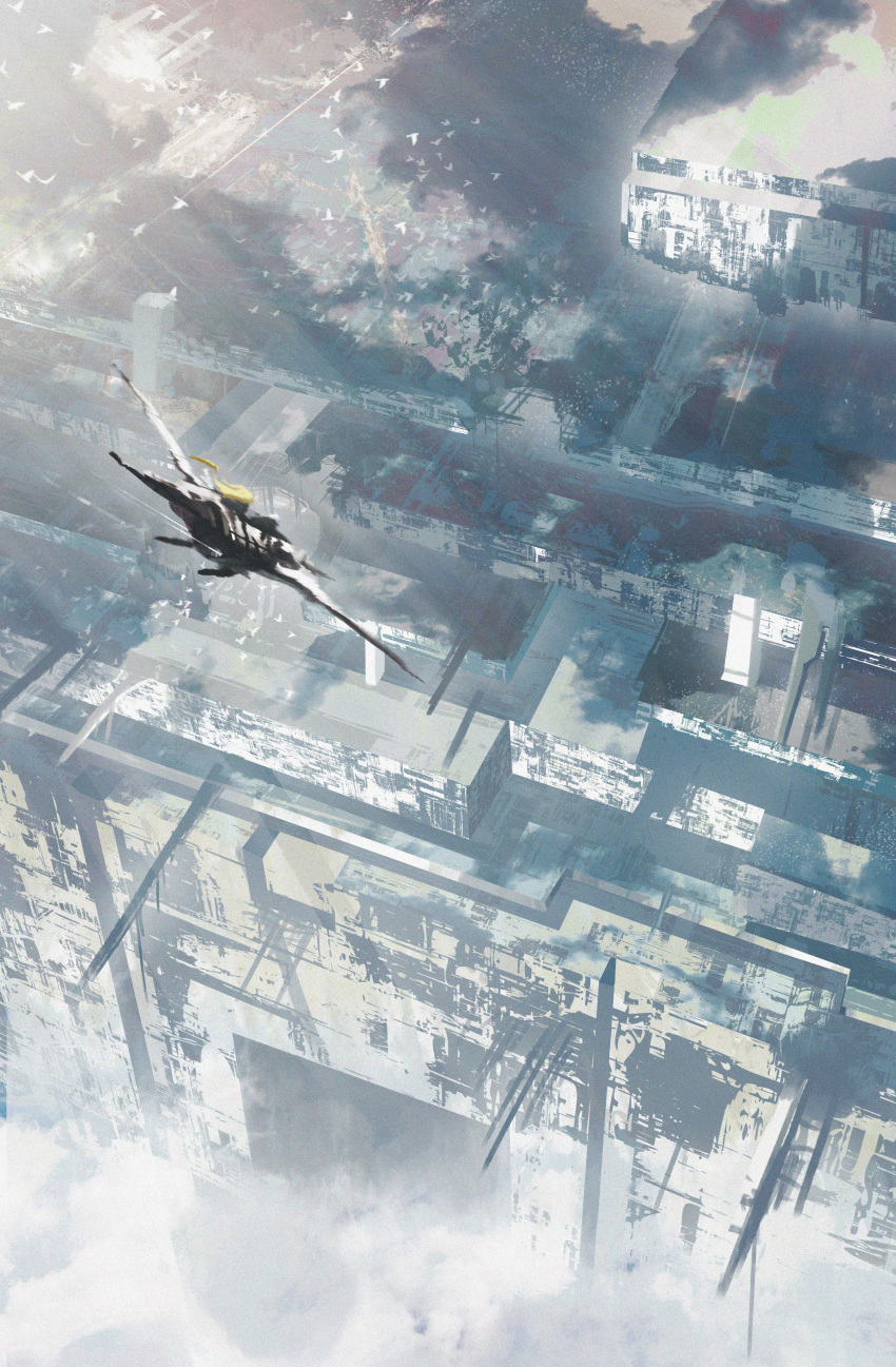 1girl absurdres asteroid_ill blonde_hair building cityscape clouds cornea_(asteroid_ill) day facing_away floating_hair flying fog from_above highres light_rays long_hair original outdoors scenery simple_bird solo very_wide_shot