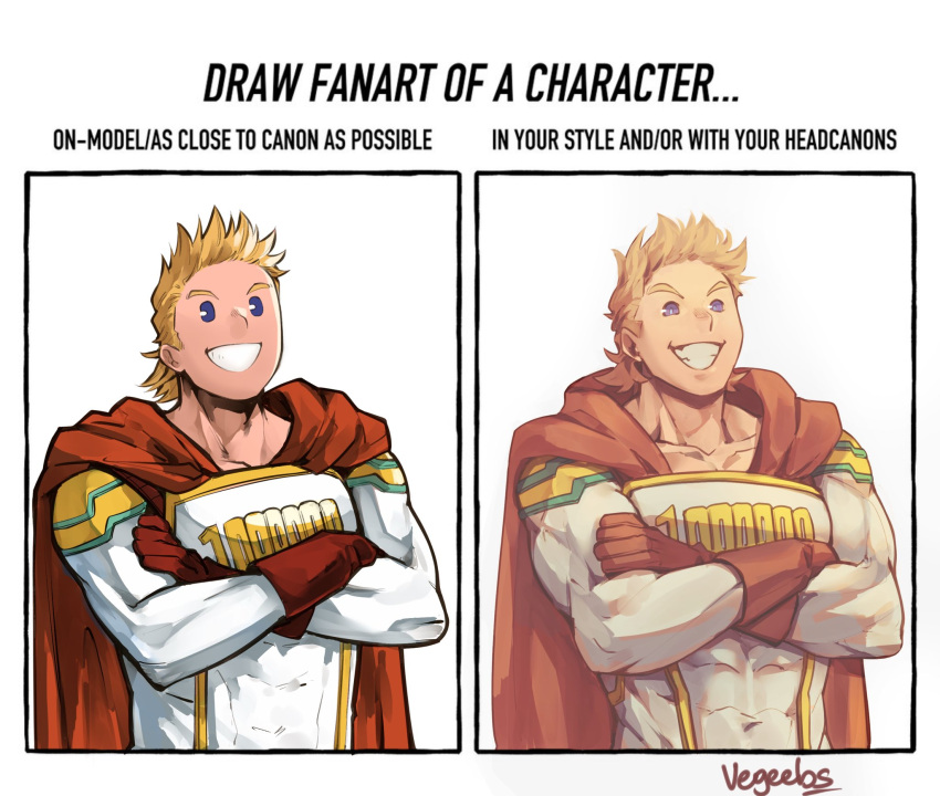 1boy addy_(@vegeebs) blonde_hair blue_eyes boku_no_hero_academia cape covered_abs draw_fanart_challenge english_text highres looking_at_viewer male_focus muscular muscular_male official_style red_cape short_hair smile spiky_hair superhero togata_mirio upper_body