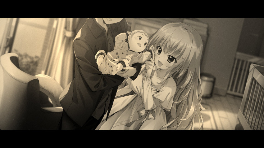 1boy 1girl 9-nine- :d black_suit blush breasts child cleavage_cutout clothing_cutout commission couple diamond_hair_ornament dress dutch_angle eyelashes eyes_visible_through_hair family formal hair_between_eyes hand_up hetero highres holding_baby indoors izumi_tsubasu_(style) jewelry kujou_miyako large_breasts long_dress long_hair long_sleeves looking_at_another necklace open_mouth ring schatten sepia sidelocks skeb_commission smile solo_focus standing star_(symbol) star_print suit very_long_hair wavy_hair wedding_ring