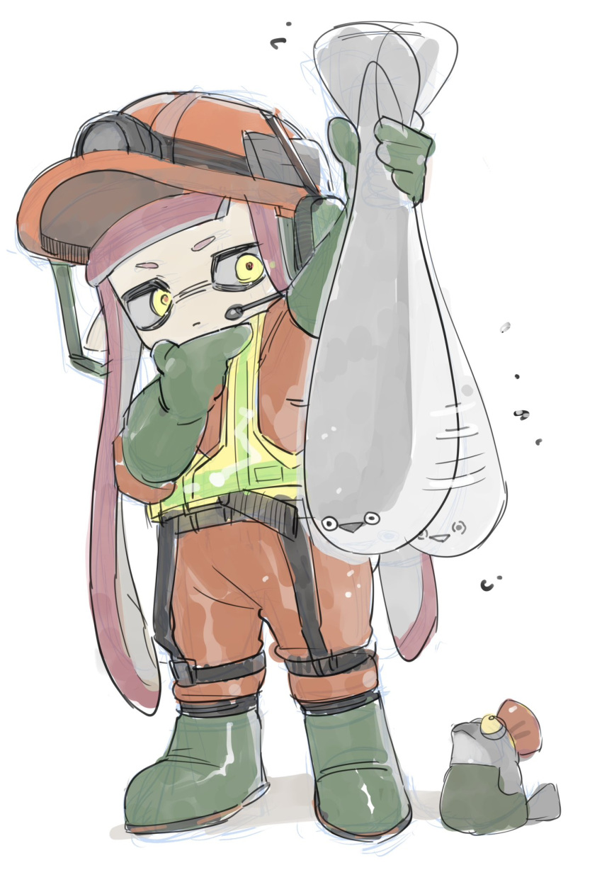 1girl afterimage animal arm_up blunt_bangs boots bulging_eyes closed_mouth commentary fish full_body gloves green_footwear green_gloves hand_on_own_chin hand_up hardhat headset helmet high-visibility_vest highres holding holding_animal holding_fish hossi inkling inkling_girl long_hair long_sleeves looking_at_animal mining_helmet motion_lines orange_pants pants pink_hair sacabambaspis salmonid simple_background smallfry_(splatoon) solo splatoon_(series) standing tentacle_hair triangle_mouth twintails white_background work_boots yellow_eyes