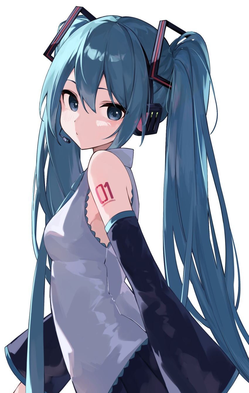 1girl absurdres aqua_hair aqua_necktie bare_shoulders black_skirt black_sleeves blue_eyes breasts closed_mouth commentary detached_sleeves from_side grey_shirt hair_between_eyes hatsune_miku headset highres long_hair looking_at_viewer looking_to_the_side necktie number_tattoo rakugaki_ningen shirt shoulder_tattoo skirt sleeveless sleeveless_shirt small_breasts solo tattoo twintails upper_body very_long_hair vocaloid white_background wide_sleeves