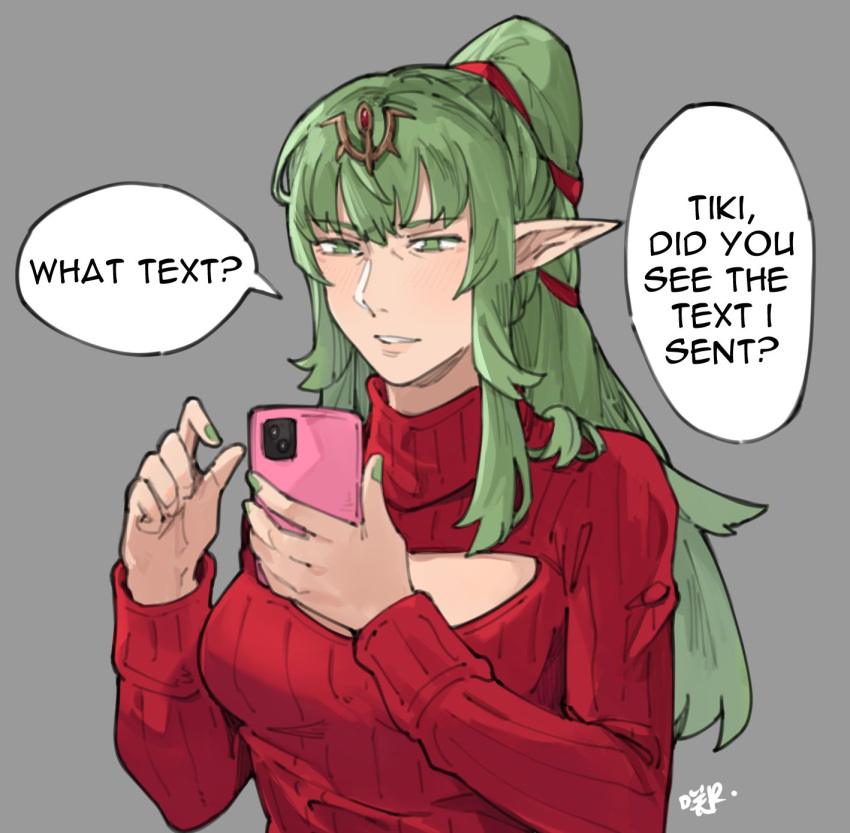 1girl alternate_costume casual cellphone clothing_cutout commentary contemporary english_commentary english_text fingernails fire_emblem fire_emblem_awakening green_eyes green_hair green_nails grey_background hair_ornament half-closed_eyes highres holding holding_phone long_hair long_sleeves phone pointy_ears ponytail red_sweater ribbed_sweater sakuremi sidelocks signature simple_background solo speech_bubble sweater tiki_(adult)_(fire_emblem) tiki_(fire_emblem) turtleneck turtleneck_sweater
