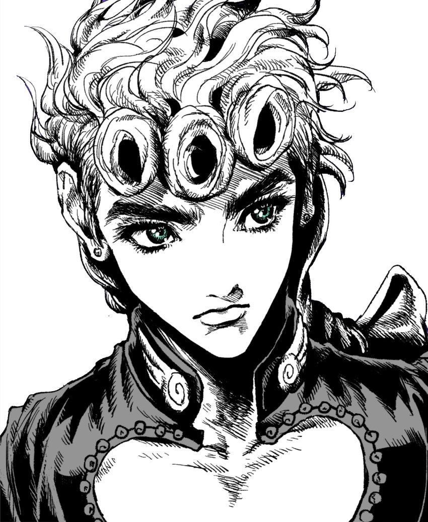 blue_eyes braid braided_ponytail cleavage_cutout closed_mouth clothing_cutout curly_hair ear_piercing giorno_giovanna heart_cutout highres jacket jojo_no_kimyou_na_bouken long_hair my_nameisyoon piercing pompadour simple_background spot_color vento_aureo