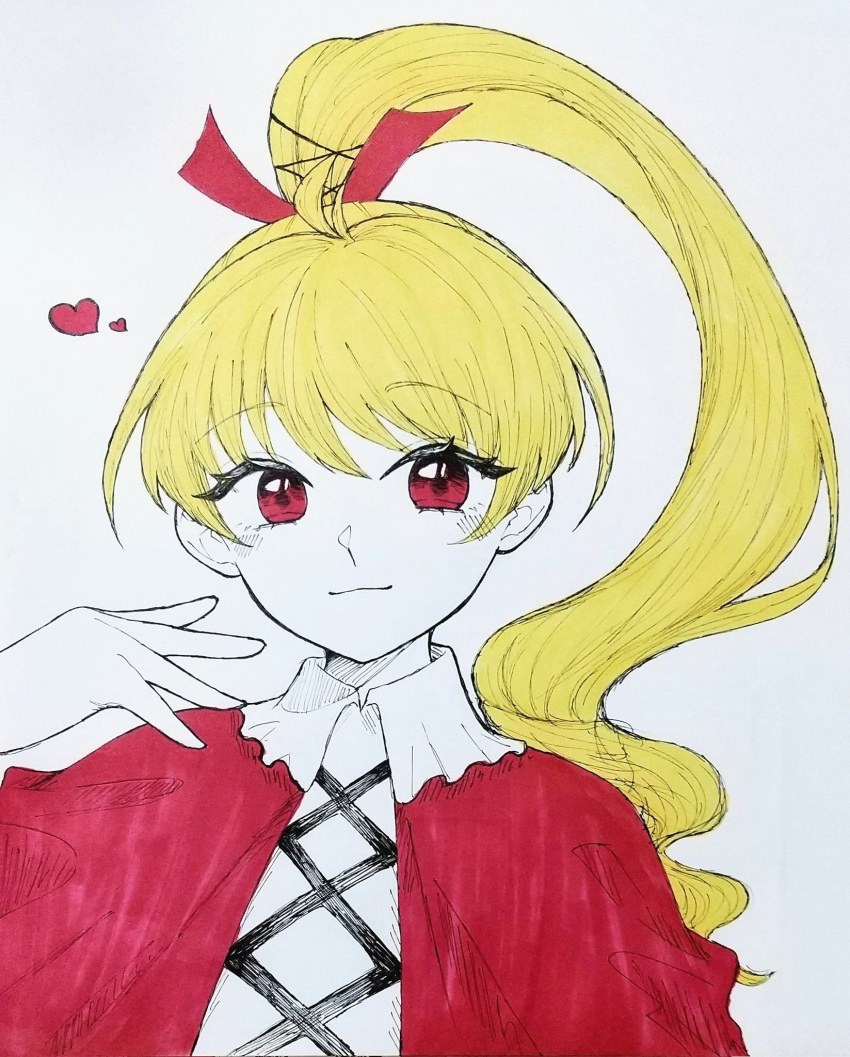 1girl biscuit_krueger blonde_hair capelet dress drill_hair frills gloves hair_ribbon heart highres hunter_x_hunter kisaragi_02468 long_hair long_sleeves looking_at_viewer ponytail red_capelet red_dress red_eyes ribbon simple_background smile solo white_background white_gloves