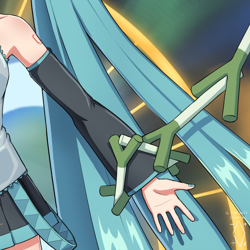 1girl aqua_hair aqua_nails artist_logo black_skirt black_sleeves chain chained close-up commentary dated detached_sleeves digiral english_commentary exodia_the_forbidden_one glowing grey_skirt hatsune_miku highres long_hair magic_circle miniskirt nail_polish out_of_frame outstretched_hand parody pleated_skirt shirt skindentation skirt sleeveless sleeveless_shirt solo spring_onion very_long_hair vocaloid yu-gi-oh!