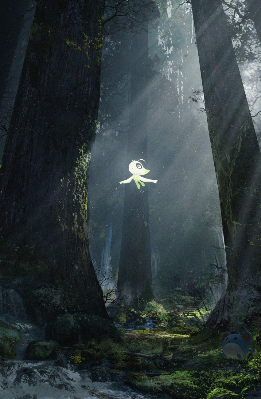 absurdres asteroid_ill celebi day forest grass highres landscape light_rays marill moss nature no_humans outdoors plant pokemon pokemon_(creature) scenery sentret spinarak stream tree vines water