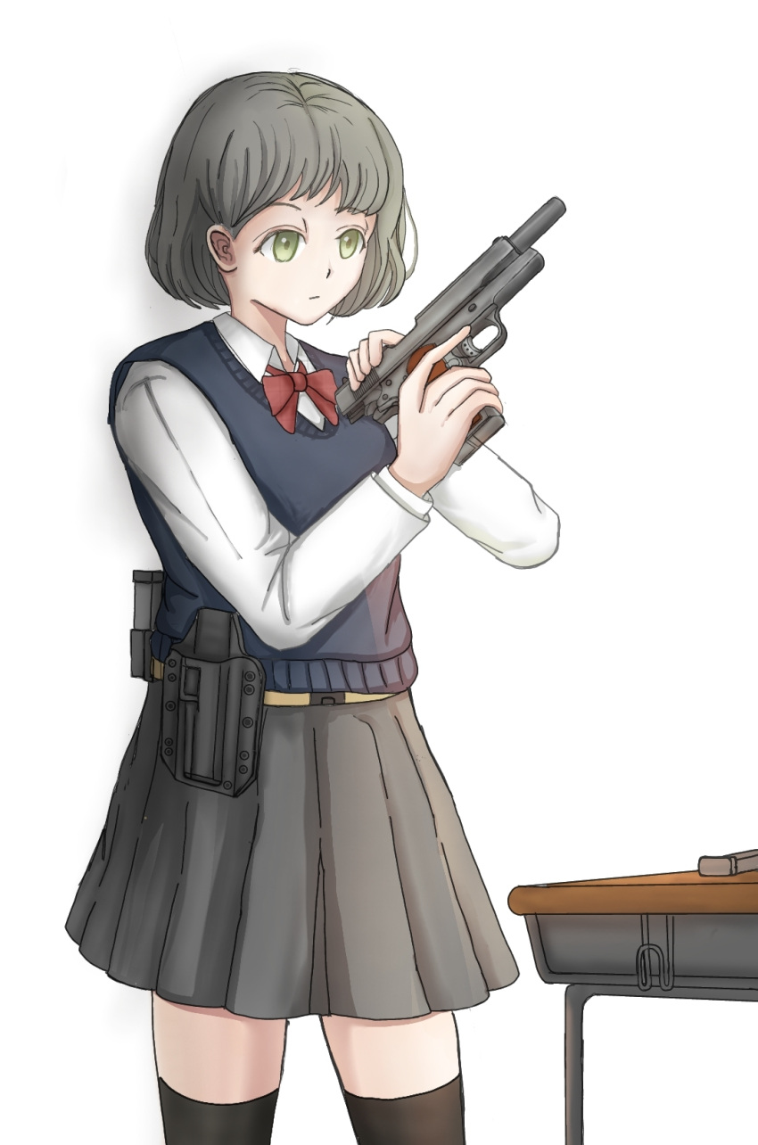1girl 787nanahachi ammunition_pouch belt belt_pouch black_thighhighs blue_sweater_vest bow bowtie closed_mouth cocking_gun collared_shirt commentary_request desk feet_out_of_frame green_eyes grey_hair grey_skirt gun hair_behind_ear handgun highres holding holding_gun holding_weapon holster locked_slide long_sleeves looking_at_object m1911 magazine_(weapon) open_collar original pleated_skirt pouch red_bow red_bowtie school_desk school_uniform shirt short_hair simple_background skirt snap-fit_buckle solo sweater_vest thigh-highs trigger_discipline utility_belt weapon white_background white_shirt yellow_belt