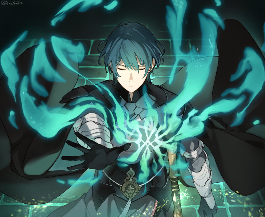1boy absurdres armor black_armor black_cape black_gloves blue_hair breastplate byleth_(fire_emblem) byleth_(male)_(fire_emblem) cape closed_eyes closed_mouth commentary_request doku_gin1126 fire_emblem fire_emblem:_three_houses gauntlets gloves hair_between_eyes highres male_focus reaching reaching_towards_viewer short_hair solo sword sword_of_the_creator twitter_username weapon