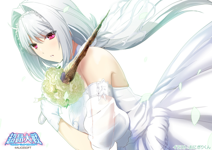 1girl alicesoft bare_shoulders bouquet detached_sleeves dress escalation_heroines falling_petals gloves hair_intakes hairband holding holding_bouquet holding_sword holding_weapon long_hair onigirikun petals puffy_detached_sleeves puffy_sleeves red_eyes sword takamori_haruka weapon wedding_dress white_hair