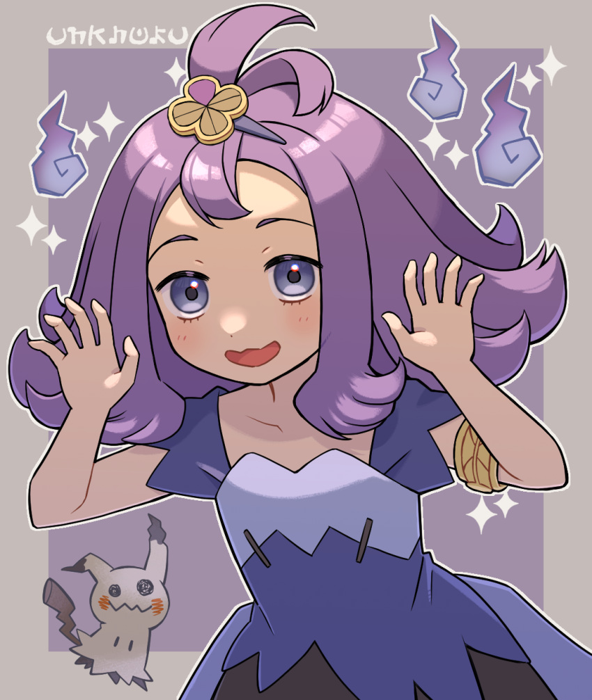 1girl :d acerola_(pokemon) armlet blue_dress blue_eyes border collarbone commentary_request dress eyelashes flipped_hair grey_border hair_ornament hairclip hands_up highres looking_at_viewer mimikyu multicolored_clothes multicolored_dress numae_kaeru open_mouth outline pokemon pokemon_(creature) pokemon_(game) pokemon_sm purple_hair short_sleeves smile sparkle stitches topknot torn_clothes torn_dress