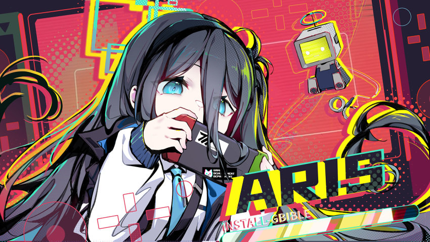 &lt;key&gt;_(blue_archive) &lt;key&gt;_(robot)_(blue_archive) 1girl 1other aris_(blue_archive) black_hair black_hairband blue_archive blue_eyes blue_halo blue_necktie character_name collared_jacket covered_mouth dutch_angle hair_between_eyes hairband halo handheld_game_console highres holding holding_handheld_game_console jacket jacknavy long_hair long_sleeves looking_at_object necktie one_side_up raised_eyebrows robot sidelocks upper_body white_jacket