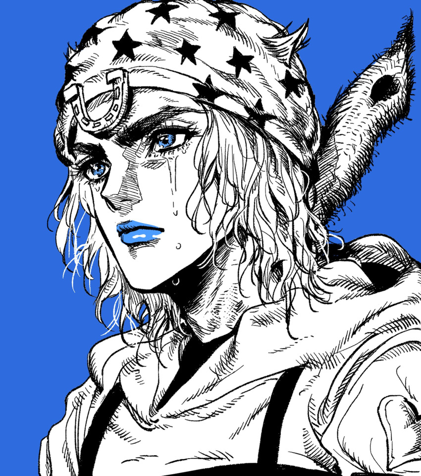 1boy bandana blue_background blue_eyes blue_lips greyscale_with_colored_background highres horseshoe_ornament jacket johnny_joestar jojo_no_kimyou_na_bouken male_focus my_nameisyoon short_hair simple_background solo spot_color steel_ball_run tears upper_body v-shaped_eyebrows