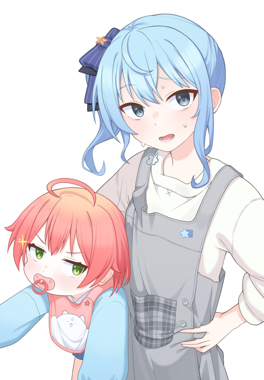 2girls age_difference aged_down ahoge alternate_costume apron asymmetrical_hair bib black_ribbon blue_eyes blue_hair blue_ribbon blue_shirt blush eyelashes feet_out_of_frame female_child green_eyes grey_apron hair_ribbon hand_on_own_hip highres hololive hoshimachi_suisei long_hair long_sleeves looking_at_viewer lower_teeth_only medium_hair multiple_girls open_mouth pacifier pink_hair puffy_long_sleeves puffy_sleeves ribbon sakura_miko shirt side_ponytail simple_background sparkle sweatdrop teeth ugaaaa5 upper_body virtual_youtuber white_background white_shirt