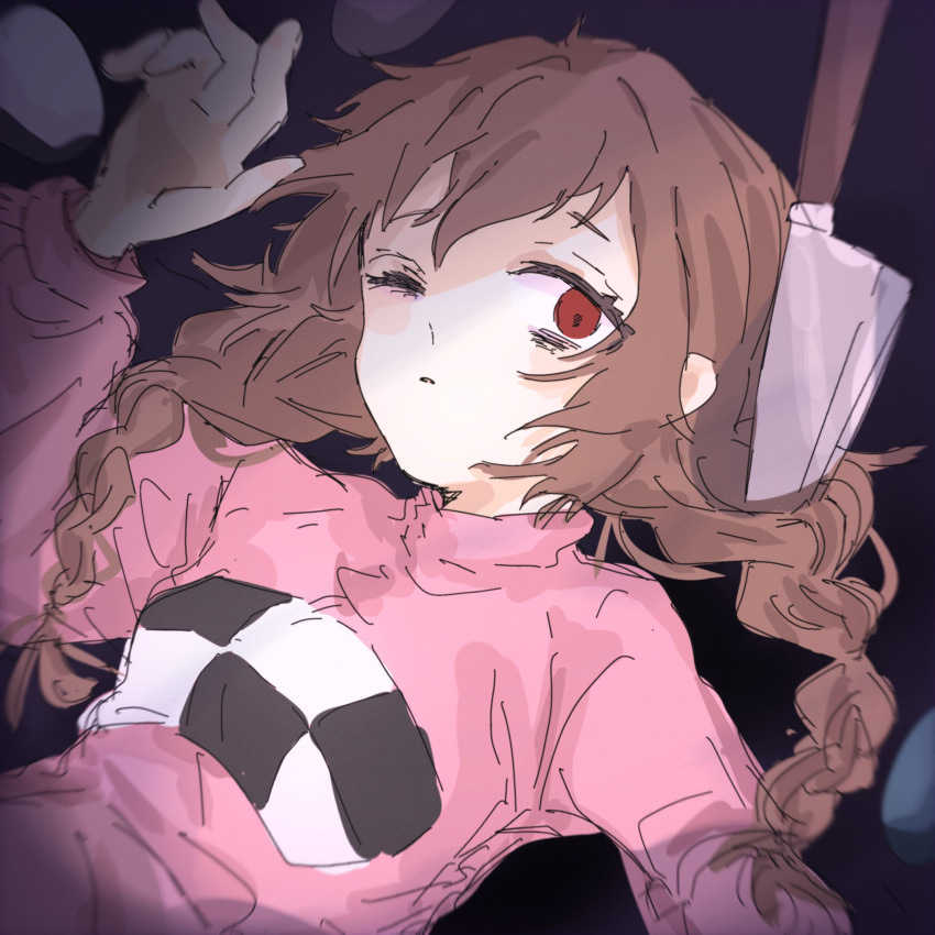 absurdres arm_up blurry braid brown_hair dutch_angle egg empty_eyes eyelashes eyes_visible_through_hair hair_over_shoulder highres knife long_hair long_sleeves lying madotsuki messy_hair moi_imo7 on_back one_eye_closed open_mouth planted planted_knife puffy_long_sleeves puffy_sleeves raised_eyebrows red_eyes sweater turtleneck turtleneck_sweater twin_braids twintails upper_body vignetting yume_nikki