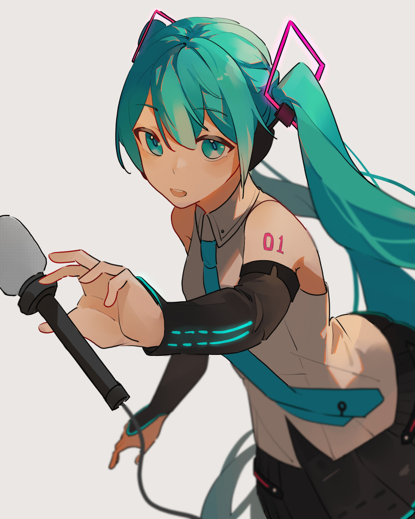 1girl absurdres bare_shoulders black_skirt black_sleeves blurry collared_shirt depth_of_field detached_sleeves green_eyes green_hair green_necktie grey_background grey_shirt hair_ornament hatsune_miku hatsune_miku_(vocaloid4) highres holding holding_microphone kofi-mo long_hair microphone necktie open_mouth outstretched_arms shirt shoulder_tattoo sketch skirt sleeveless sleeveless_shirt solo tattoo teeth twintails upper_body upper_teeth_only very_long_hair vocaloid