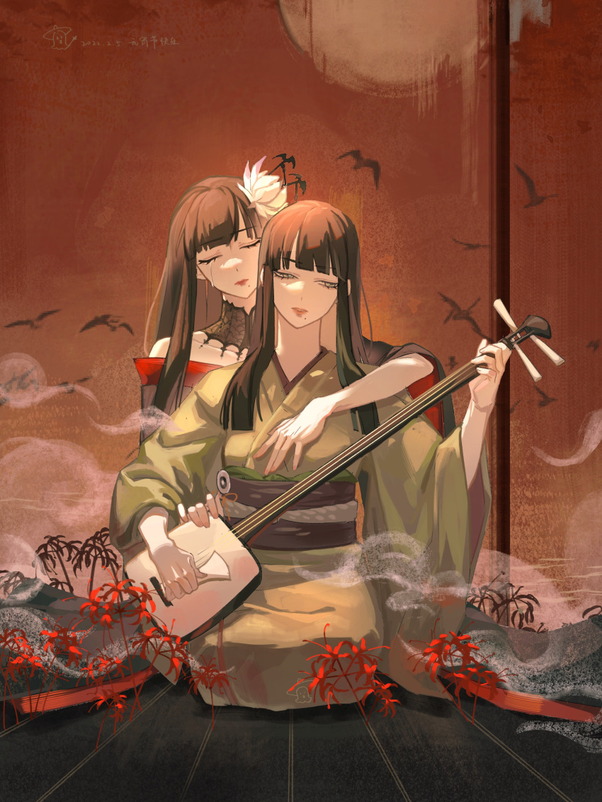 2girls absurdres arm_around_shoulder bat_hair_ornament black_collar black_hair blunt_bangs blunt_ends closed_eyes collar collarbone dual_persona epiphyllum facing_viewer final_fantasy final_fantasy_xiv flower folding_screen full_body green_eyes green_kimono hair_flower hair_ornament hair_stick half-closed_eyes highres holding holding_instrument hyur indoors instrument japanese_clothes kimono koto_(instrument) lace_collar long_hair mole mole_under_mouth multiple_girls music obi obiage obijime off_shoulder on_floor parted_lips playing_instrument red_flower sash seiza sitting smoke spider_lily straight_hair tears wide_sleeves yemao_zhangyu yotsuyu_goe_brutus