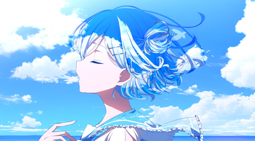1girl absurdres blue_hair blue_sky butterfly_hair_ornament closed_eyes clouds day double_exposure floating_hair from_side hair_ornament hairclip hairstyle_request hane_kxs highres horizon indie_virtual_youtuber misora_sora_(vtuber) mole mole_under_mouth no_earrings ocean open_mouth outdoors portrait profile sailor_collar school_uniform serafuku short_hair sky solo translucent_hair virtual_youtuber wind