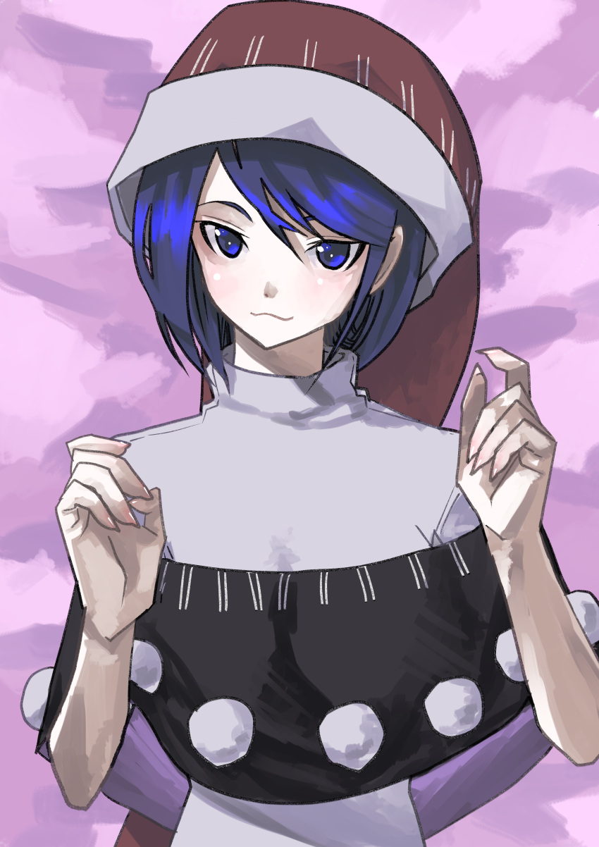 1girl :3 absurdres blue_eyes blue_hair capelet commentary_request doremy_sweet fingernails grey_sweater hair_behind_ear hair_between_eyes hands_up hat highres light_blush light_smile long_hair looking_at_viewer narrow_waist nightcap pom_pom_(clothes) sawa_(thinking_nt) sharp_fingernails solo sweater swept_bangs touhou upper_body