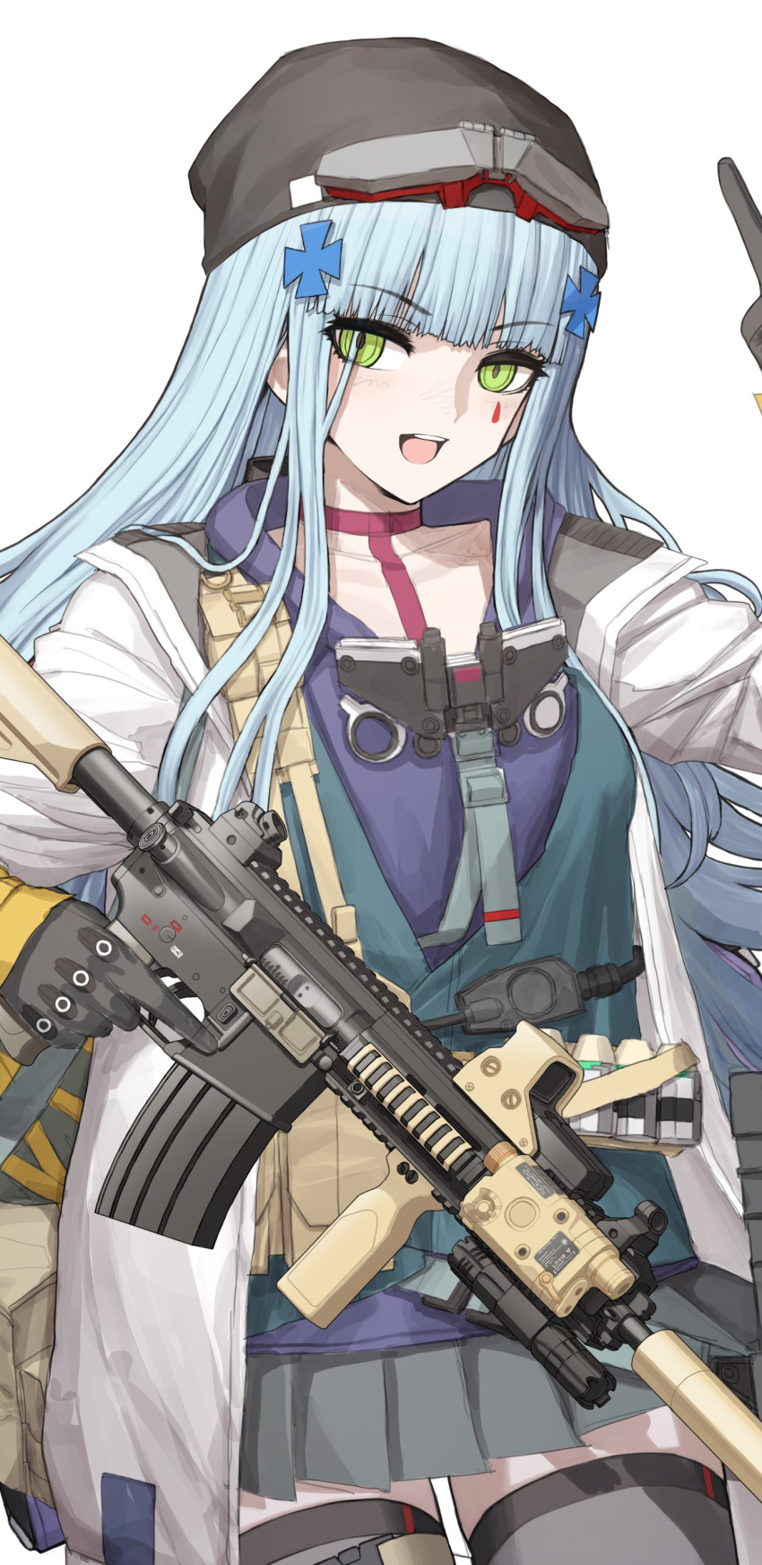 1girl absurdres arm_up assault_rifle black_gloves black_thighhighs blue_hair blue_hoodie cheogtanbyeong choker clukay_(girls'_frontline_nc) collarbone commentary_request cowboy_shot cross_hair_ornament girls'_frontline_neural_cloud girls_frontline gloves green_eyes grey_skirt gun h&amp;k_hk416 hair_ornament highres hk416_(girls'_frontline) holding holding_gun holding_weapon hood hoodie jacket korean_commentary light_blush long_hair looking_at_viewer open_mouth pink_choker pleated_skirt rifle sidelocks simple_background skirt solo teardrop_facial_mark thigh-highs trigger_discipline weapon white_background white_jacket zettai_ryouiki