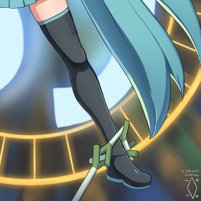 1girl aqua_hair artist_logo black_thighhighs boots chain chained close-up commentary dated digiral english_commentary exodia_the_forbidden_one glowing hatsune_miku highres long_hair magic_circle miniskirt out_of_frame parody piano_print pleated_skirt skindentation skirt solo spring_onion thigh-highs thigh_boots very_long_hair vocaloid yu-gi-oh! zettai_ryouiki